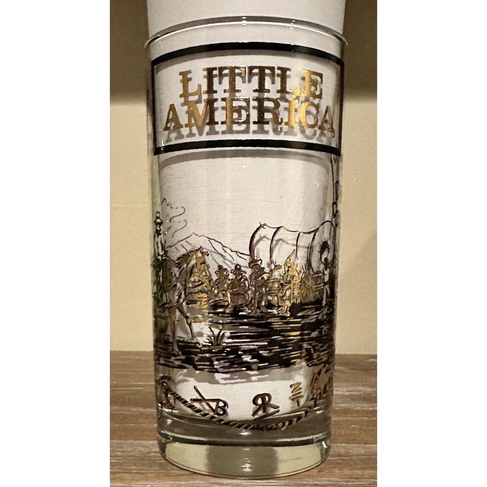 Little America 5.5" Tall Glass Mint Condition Gold And Black On Clear Glass